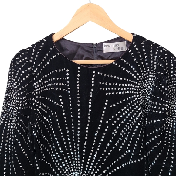 Vintage RICKI LANG For NUIT Dress Sheath Black Velvet Sparkly Embellishments - Picture 5 of 8